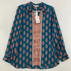 New Rose & Olive Large Blue Orange Boho Print Soft Flowy Long Sleeve Button Up